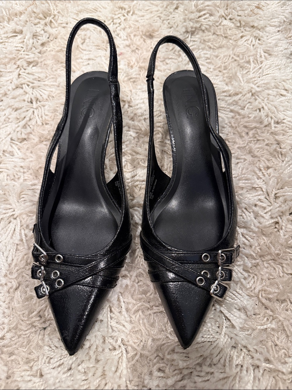 INC International Concepts Black Pointed Toe Slingback Mules with Buckle Straps